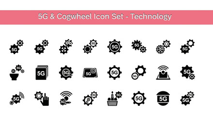 A collection of 25 5G & Cogwheel Icon Set Technology Black flet Icon. The icons are neatly arranged in rows and columns, with a pink banner on the top that reads '5G & Cogwheel Icon Set Technology © Slamat