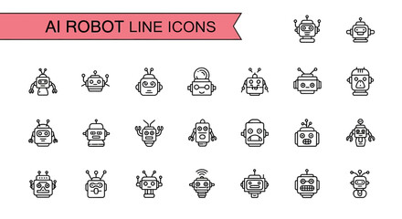  A collection of 25 AI Robot Line Icons Black flet Icon. The icons are neatly arranged in rows and columns, with a pink banner on the top that reads 'AI Robot Line Icons © Slamat