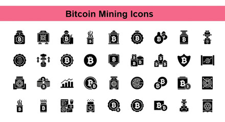 A collection of 25 Bitcoin Mining Icons Black flet Icon. The icons are neatly arranged in rows and columns, with a pink banner on the top that reads 'Bitcoin Mining Icons © Slamat