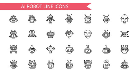 A collection of 25 AI Robot Line Icons Black flet Icon. The icons are neatly arranged in rows and columns, with a pink banner on the top that reads 'AI Robot Line Icons © Slamat