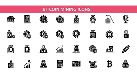 A collection of 25 Bitcoin Mining Icons Black flet Icon. The icons are neatly arranged in rows and columns, with a pink banner on the top that reads 'Bitcoin Mining Icons  © Slamat