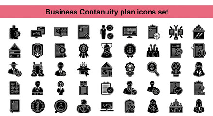 A collection of 25 Business continuity plan icons set Black flet Icon. The icons are neatly arranged in rows and columns, with a pink banner on the top that reads 'Business continuity plan icons set © Slamat