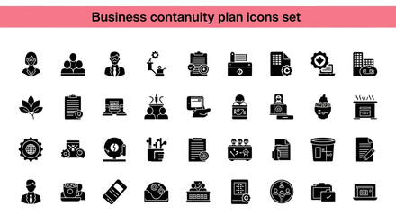  A collection of 25 Business continuity plan icons set Black flet Icon. The icons are neatly arranged in rows and columns, with a pink banner on the top that reads 'Business continuity plan icons set © Slamat