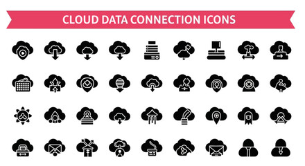 A collection of 25 Cloud Data Connection Icons Black flet Icon. The icons are neatly arranged in rows and columns, with a pink banner on the top that reads 'Cloud Data Connection Icons 