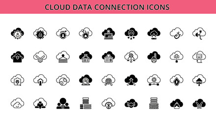 A collection of 25 Cloud Data Connection Icons Black flet Icon. The icons are neatly arranged in rows and columns, with a pink banner on the top that reads 'Cloud Data Connection Icons © Slamat