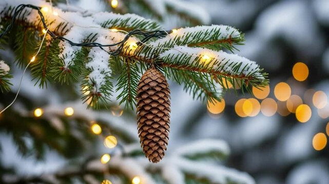 A pinecone hangs from a snowcovered fir tree branch adorned with warm string lights