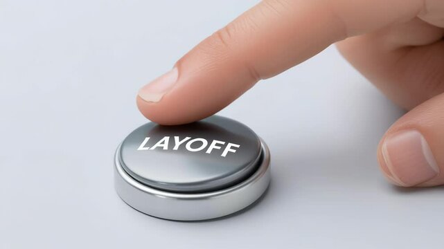 Layoff employee and unemployment concept, Button labeled "LAYOFF" being pressed by a finger.
