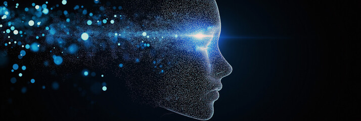 Artificial intelligence face silhouette for technology website header, 3:1 banner image with glowing particles, dark blue gradient background, and copy space on the right