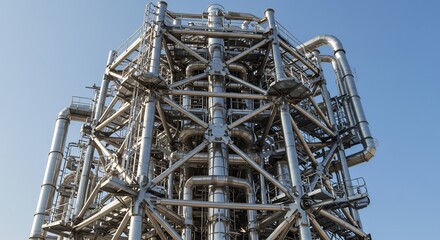 Large complex industrial structure of shiny metal pipes and beams against a clear blue sky