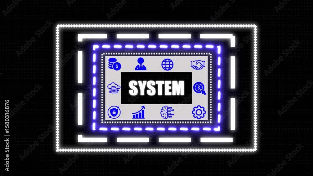 Poster a system concept button on a clear projection, network icon ,blue holographic advanced rectangle pla