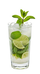 Isolated Glass of Mojito Cocktail with Lime Mint and Ice Cubes