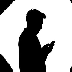 Silhouette of a Young Man Using a Phone on White Background