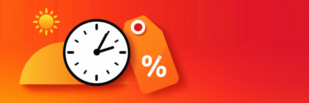 End of Summer Sale banner for website or landing page, 3:1 header image with clock, discount tag and sun icon, bold warm colors, right-aligned copy space for seasonal promotion