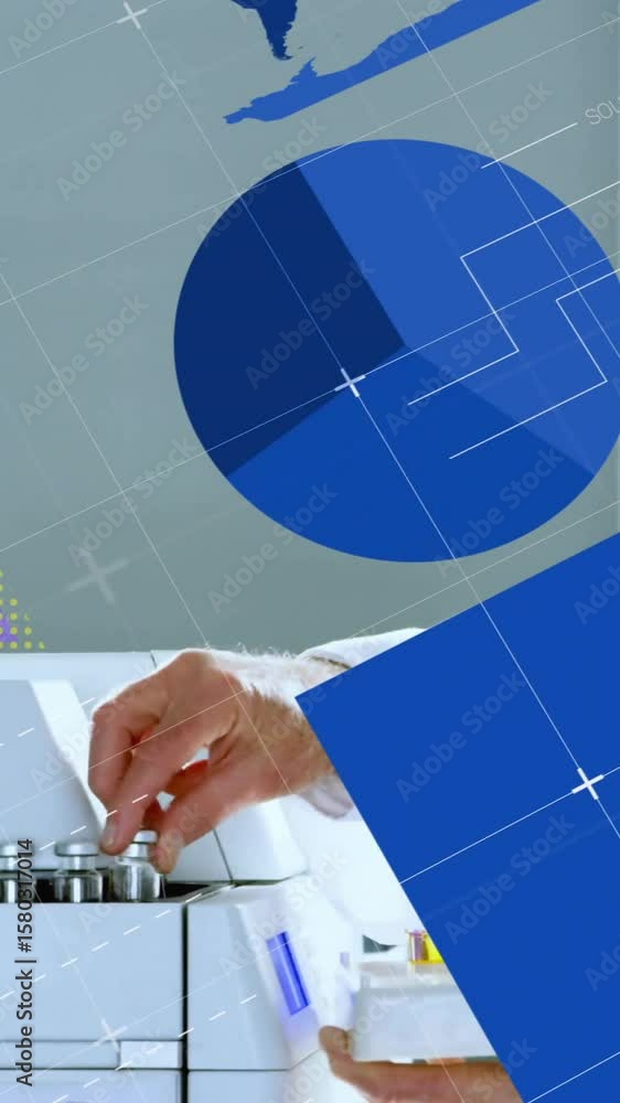Poster in laboratory, scientist analyzing data charts with animation overlay on screen