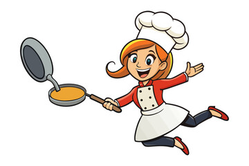 Joyful cartoon chef woman in full uniform levitating with a frying pan full of golden liquid
