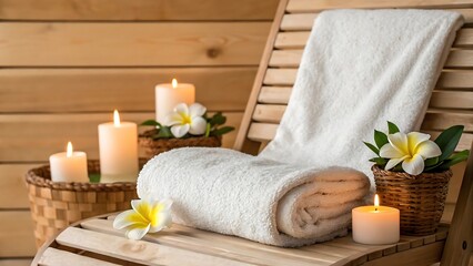 Relaxing spa scene with lit candles white towels and tropical flowers on a wooden lounger