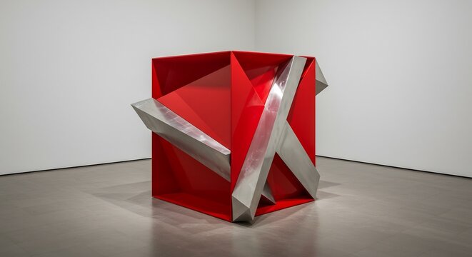 Large red cube sculpture with silver angular protrusions in a minimalist gallery setting