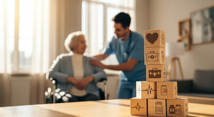Stacked of wooden blocks with healthcare icons, symbolizing care and medical services. The concept of elderly care, support, and accessible healthcare services. Generative AI.