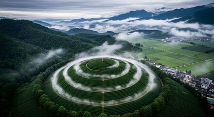 Aerial View of Terraced Circular Landscape with Misty Mountains

