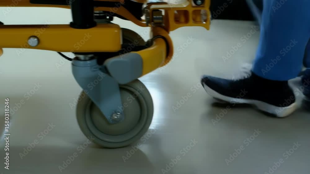 Poster yellow robotic device with wheels moving across white floor surface, showcasing automation technolog