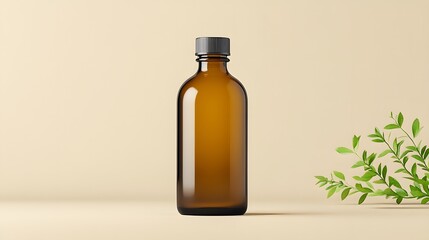 Empty amber glass bottle with dark grey cap stands on a light beige surface accompanied by green leaves