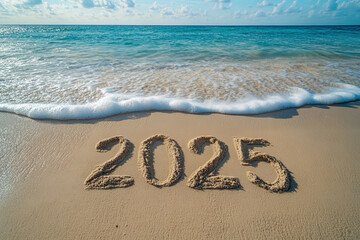 Beach Scene with 2025 Written in Sand and Incoming Waves

