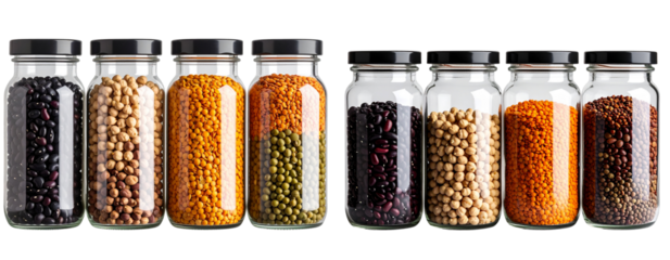 Set of Four Glass Jars Filled with Assorted Dried Legumes and Peas, isolated on transparent background PNG