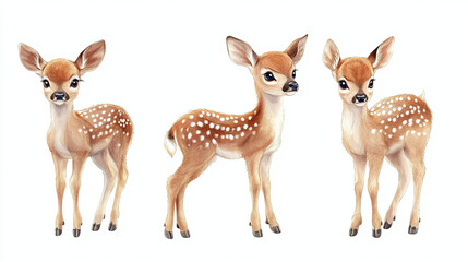 Fototapeta premium Cute adorable little deer depicted in different poses. Cute watercolor baby dear, bambi portrait set on white background. 
