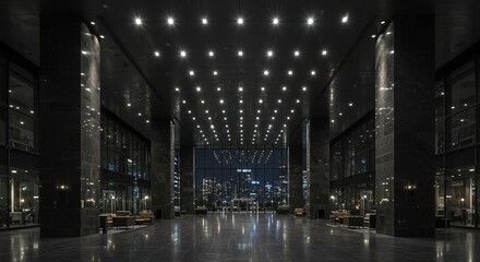 Fototapeta premium Elegant and expansive lobby features marble pillars, glass windows, and city views at night, illuminated by a modern lighting system.