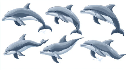 Fototapeta premium Set of bottlenose dolphins isolated on white background. 