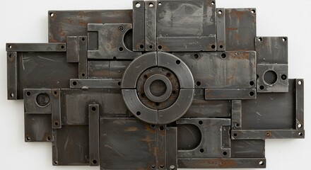 Metallic geometric assemblage featuring dark rusty plates and a central segmented circle on white