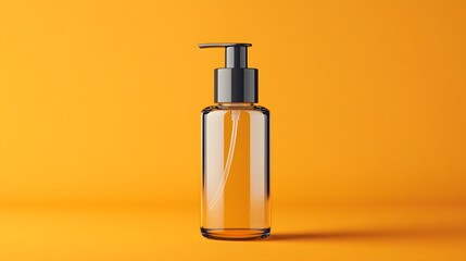 Naklejka premium Clear glass pump bottle with a black dispenser cap standing on a vibrant orange background Empty transparent container