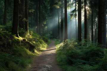 Fototapeta premium Sunlight streams through a lush forest, illuminating a winding trail. Nature's beauty creates a serene and peaceful escape.