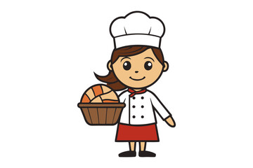 Friendly cartoon baker woman in chef hat holding basket of freshly baked bread rolls ready to serve delicious pastries