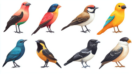 Collection of Colorful Birds Perched on Branches in Various Poses. Illustration of unique and colorful birds resting on branches,


