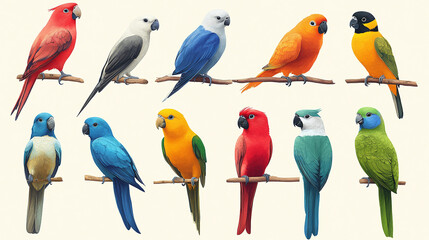 Set of different colorful parrots, isolated on white background	
