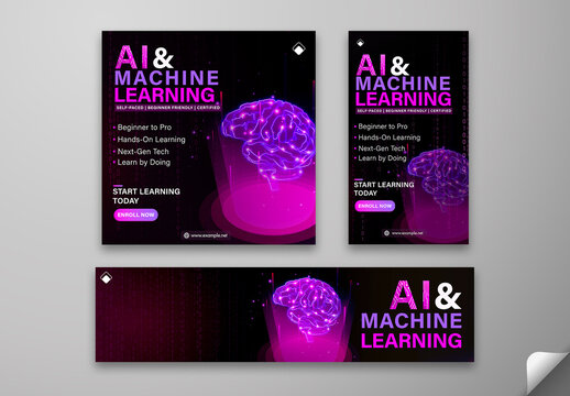 Editable AI & Machine Learning Course Template &ndash; Futuristic Digital Brain Design for Online Tech Learning Promo