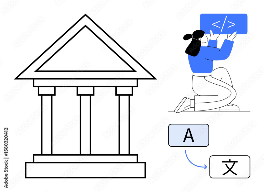Aufkleber woman coding for language translation, classical building symbolizing knowledge, app interface, text