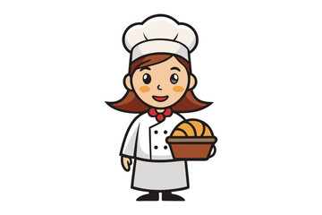 Friendly cartoon chef character with basket of golden croissants ready to serve delicious baked goods