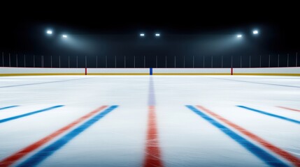 Empty ice hockey rink with bright overhead lights illuminating the ice and colorful lines marking the playing area.