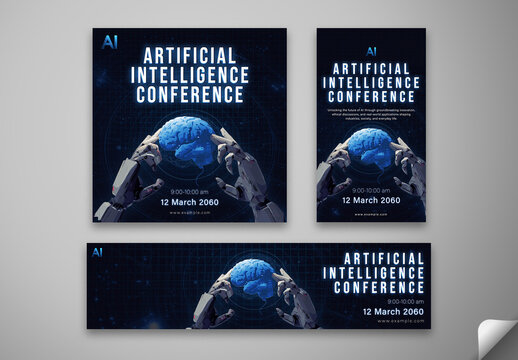 Editable Artificial Intelligence Conference Template &ndash; Futuristic Robotic Hands with Brain for Tech Innovation Event