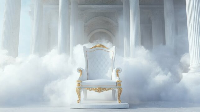 Majestic white throne chair in a cloud-filled temple setting.