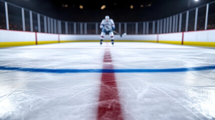 A hockey player stands focused on an ice rink, centered on the red line with empty stands in the background.