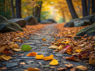 A rocky path scattered with colorful autumn leaves leading towards a blurred forest background representing the seasonal change in a tranquil natural atmosphere this HD-rendered image