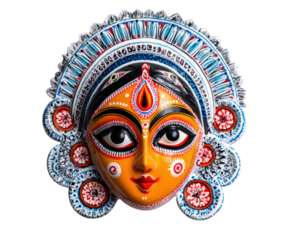 Colorful Indian festival mask goddess Kali inspired handcrafted clay intricate pattern traditional art vibrant decorative cultural spiritual joyful