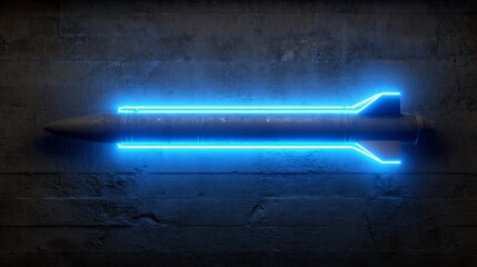 Ballistic missile glowing neon blue, symbolizing military readiness and strength. 
