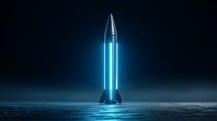Ballistic missile glowing neon blue, symbolizing military readiness and strength. 