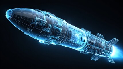 Ballistic missile glowing neon blue, symbolizing military readiness and strength. 