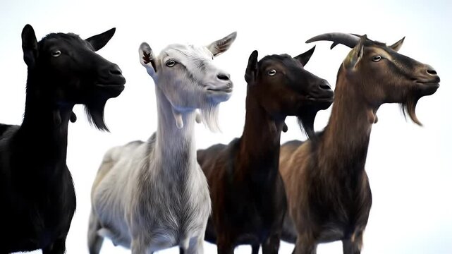 Studio Shot of Four Goats Displaying Black White and Brown Colors Isolated by White Screen