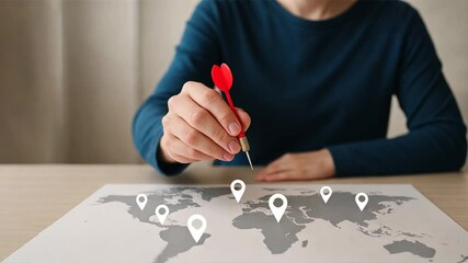 Person holding a red dart above a world map with dotted location markers in home, planning in travel management, with scattered map icons representing various destinations